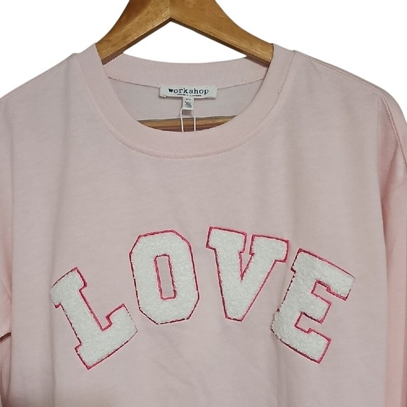 Workshop Pink Sweatshirt White LOVE Chenille Letters Valentine's Day Size S NWT - Picture 2 of 4